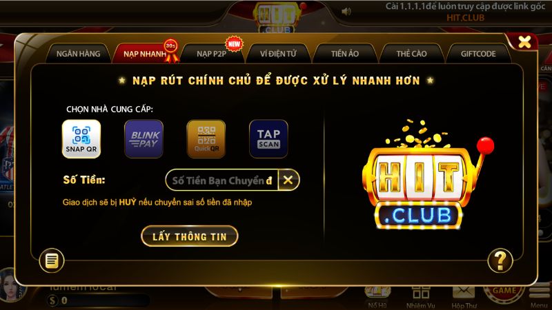 Các hình thức nạp tiền Hitclub tiêu biểu tại cổng game